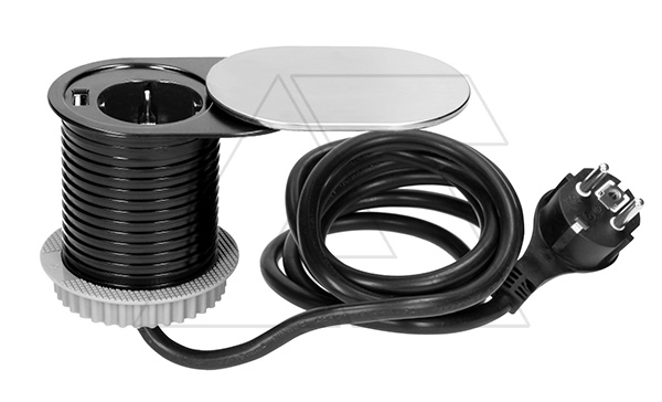 Блок розеточный встраиваемый d=60мм, USB 5V 2,4A + 2P+E со шторками,скользящая крышка, 3680вт, кабель 1,9м, алюминий