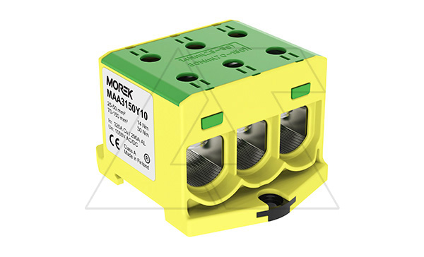 Клемма Morek OTL150-3 желто-зеленая, 3xAl/Cu 25_150mm², 320(CU)/290(AL)A на клемму, 1000V, винтовые зажимы