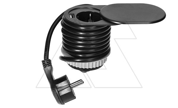 Блок розеточный встраиваемый d=60мм, USB 5V 2,4A + 2P+E со шторками,скользящая крышка, 3680вт, кабель 1,9м, черный