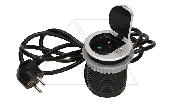 Блок розеточный встраиваемый d=60мм, USB 5V 2,4A + 2P+E со шторками, 3680вт, кабель 1,9м, алюминий
