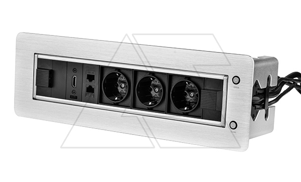 Блок розеточный встраиваемый 2хRJ45 кат. 5e UTP + HDMI + 3x2P+E со шторками, с электроприводом, кабель 1,5м, 3680вт, алюминий